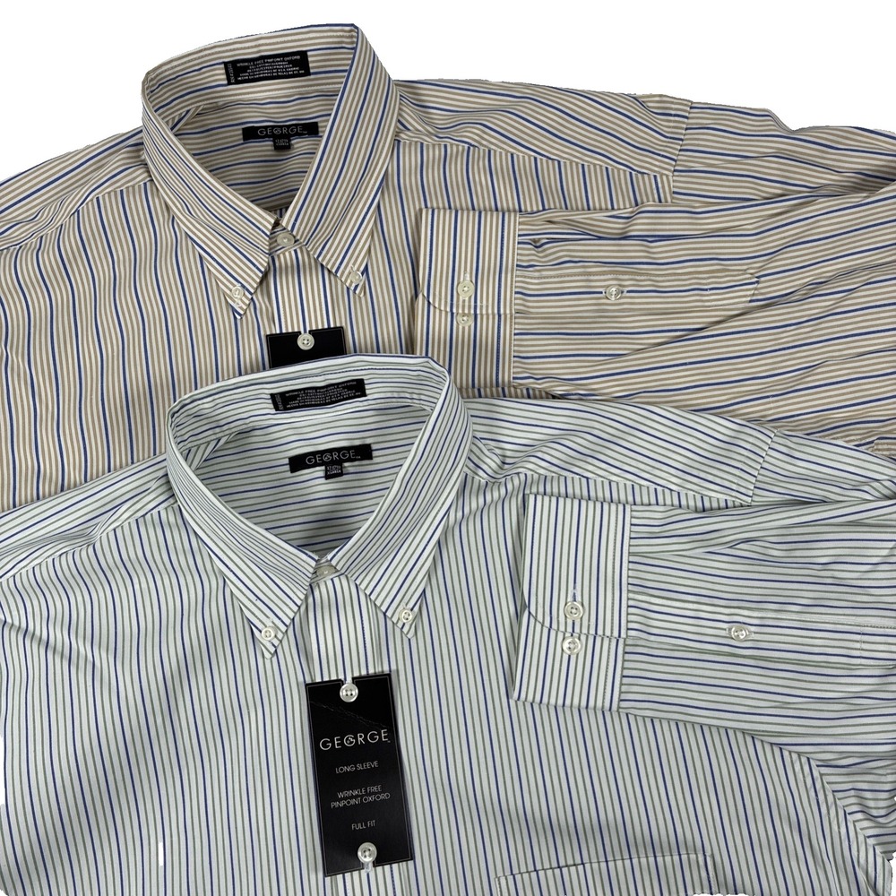 Lot Of 2 New George Pinpoint Oxford Dress Shirts Size 17-17.5 XL Striped NWT